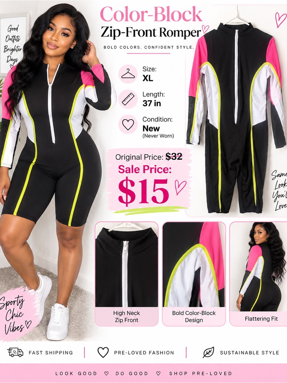 Color-Block Zip-Front Romper - Black with Pink & White Accents